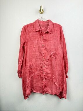Beulah Relaxed Fit Coral Pink Button-Up Tunic Dress Top Size S
